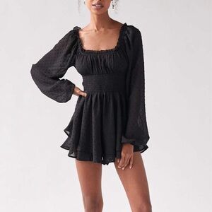 Urban Outfitters Rosie Smocked Long Sleeve Black Polka Dot Romper